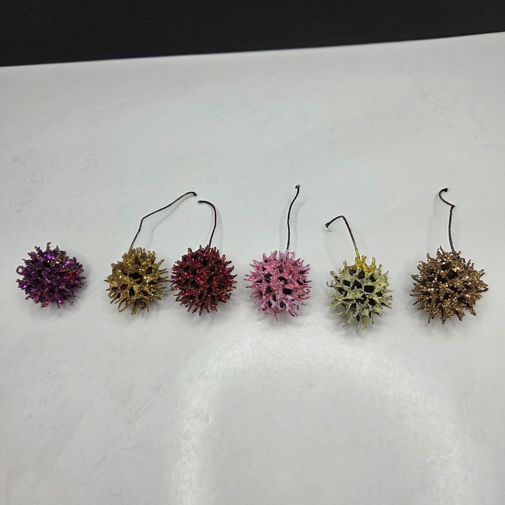 Vintage Sweet Gum Seed Pod Christmas Ornaments Set 6 Glitter Multi Color Nature